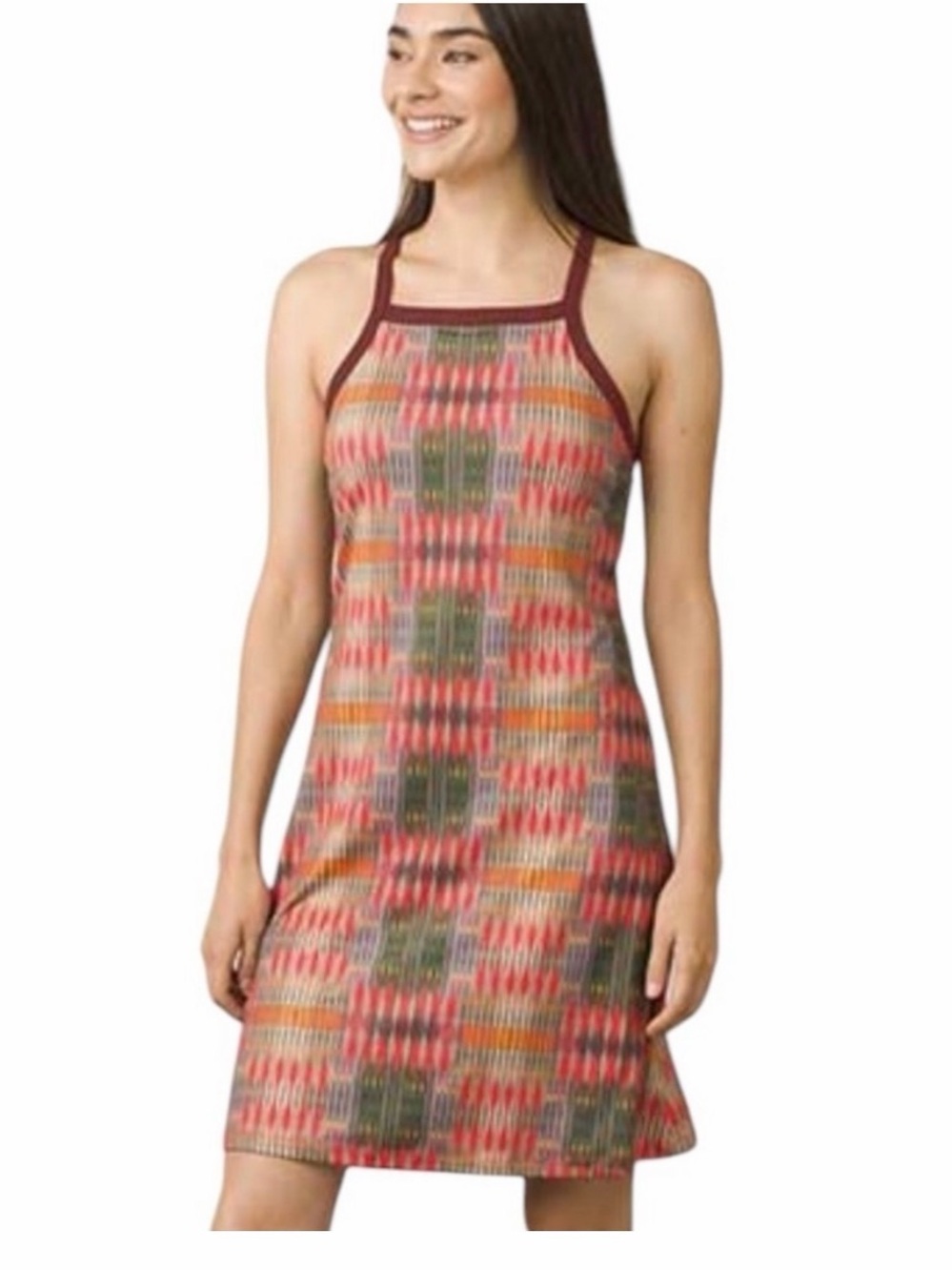 Prana Multi-Color Geo Print Halter Dress with Burgundy Trim XL